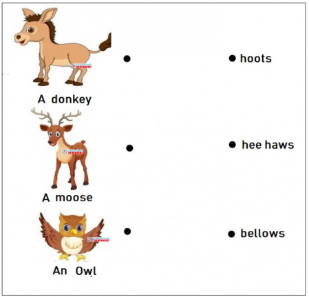Animal sound matching worksheet with donkey, moose, and owl. Draw lines to match the sounds to the animals. Perfect for kindergarten and early childhood education.