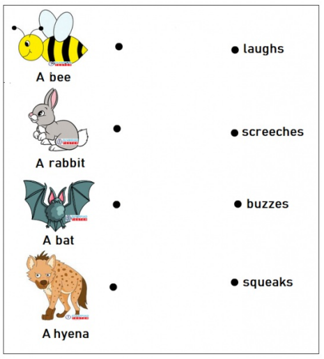 Animal sound match-up worksheet with bee, rabbit, bat, and hyena. Draw lines to match the animals to their sounds.
