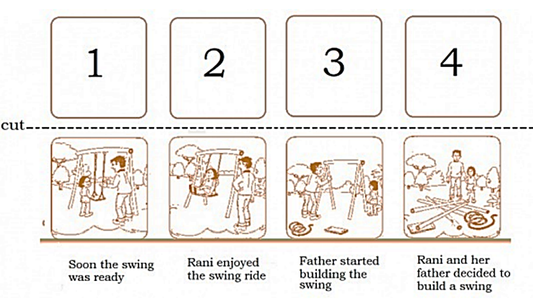 Free Kindergarten Sequencing Worksheet - Four jumbled pictures of a girl and her father building a swing and enjoying the swing ride.