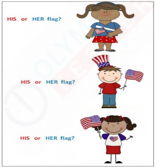 Three pictures: two girls holding a flag in two pictures and one boy holding a flag in the other. Sight words worksheet for kindergarten students, free to download and print."