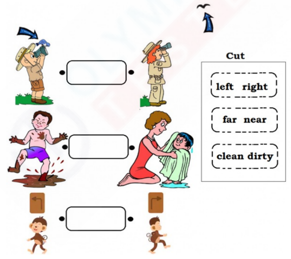 Free kindergarten opposites matching worksheet - pictures of far and near, clean and dirty, left and right with words to cut and paste.