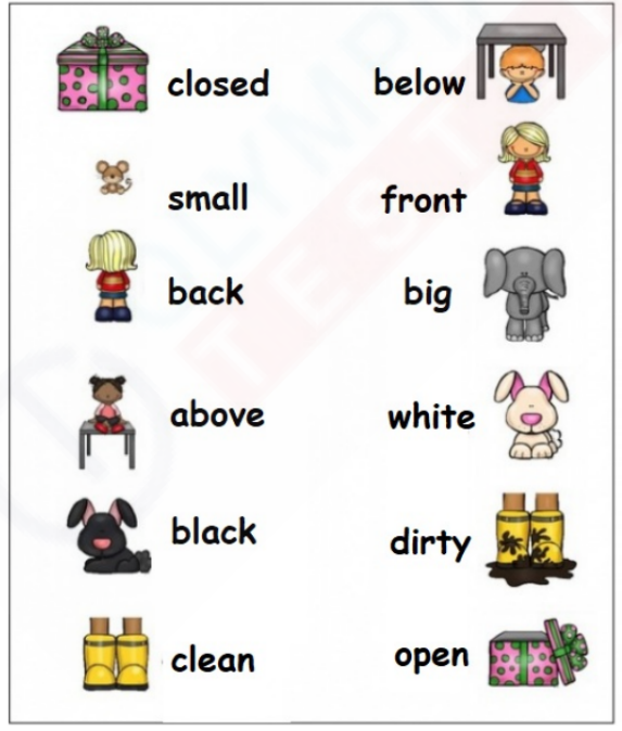 Opposites Worksheet for Kindergarten - Draw Lines to Match Opposites. Pictures of closed/open, small/big, back/front, above/below, black/white, clean/dirty. Draw lines to match the opposites. Free printable kindergarten worksheet.