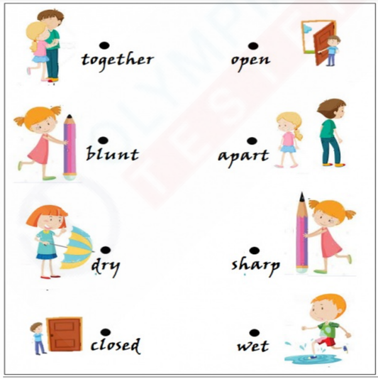 Opposites matching worksheet with four pairs of opposite words: sharp and blunt pencil, close together and far apart people, closed and open door, dry and wet girl and boy.