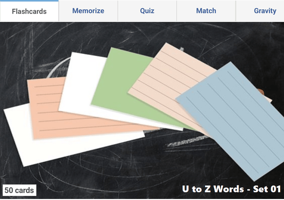 Online Flashcards to learn U to Z Words - Set 01