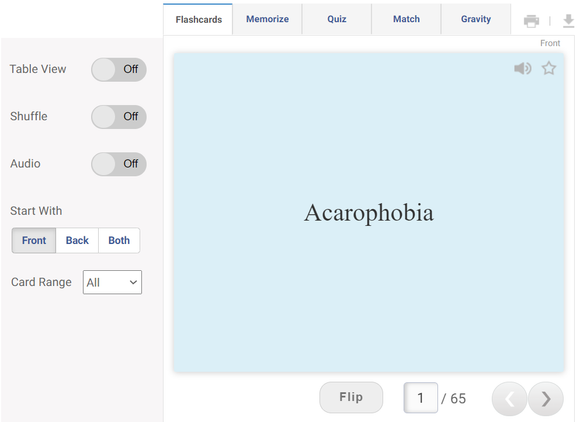 Online flashcards to learn Phobia words starting with A