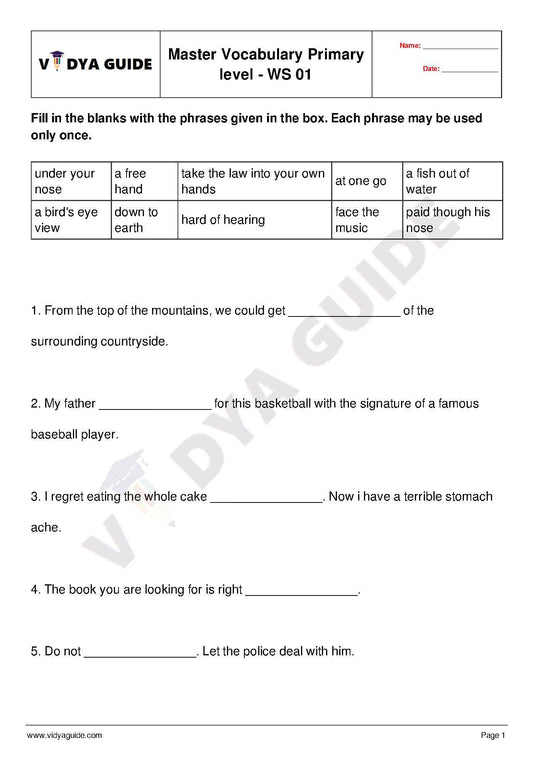 Vocabulary for Primary levels made easy - Worksheet 01