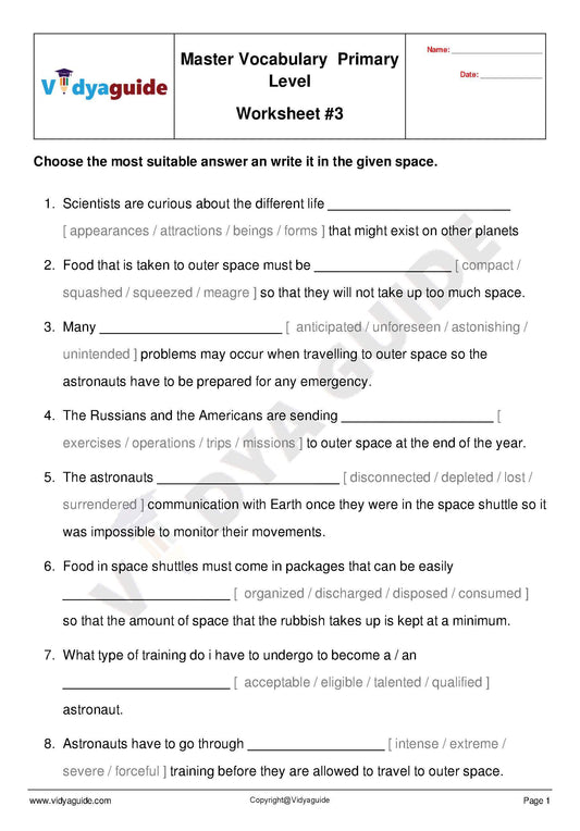 English Vocabulary for Primary levels made easy - Worksheet 03