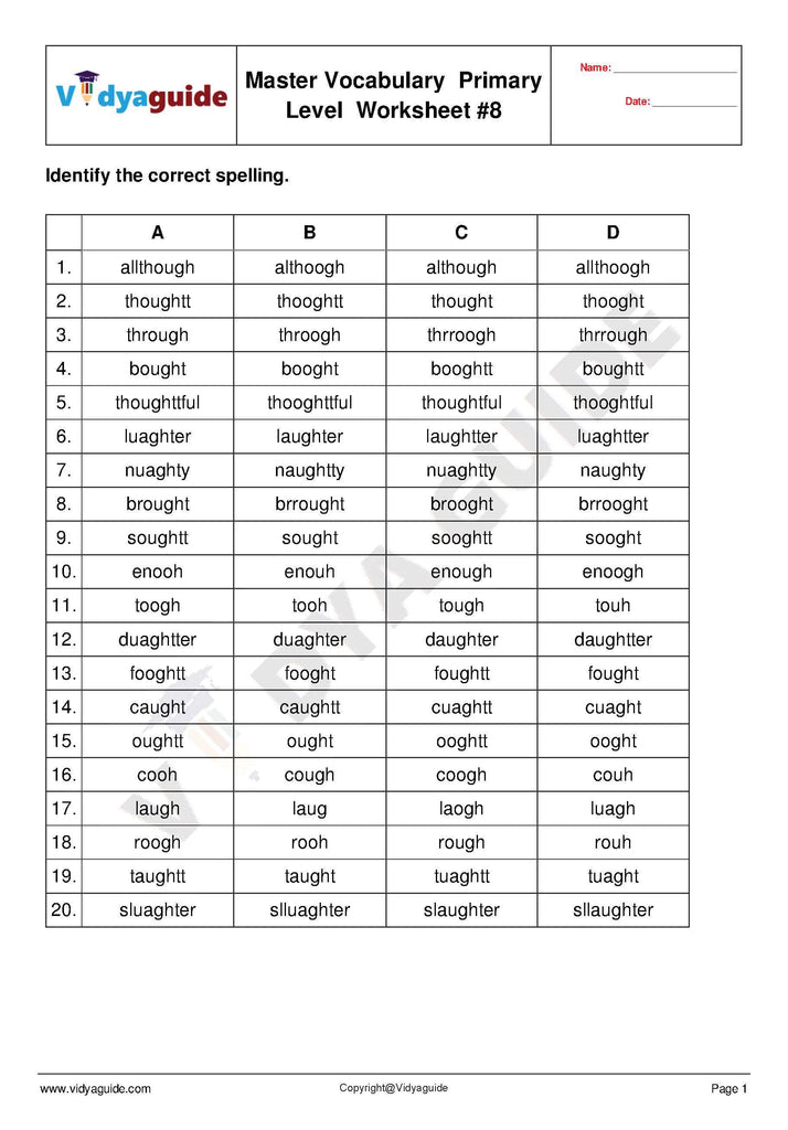 English Vocabulary for Primary levels made easy - Worksheet 08