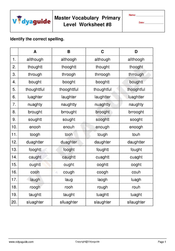 English Vocabulary for Primary levels made easy - Worksheet 08