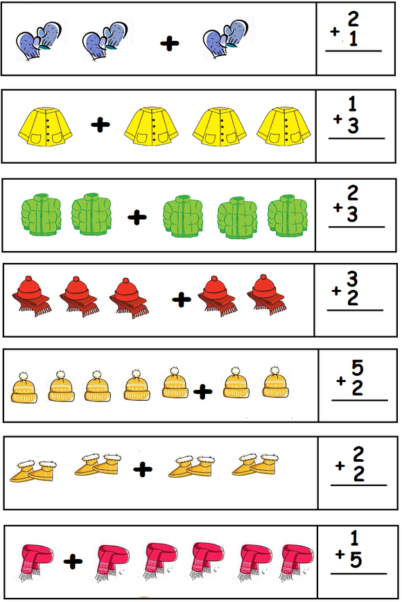 A counting worksheet for kindergarten with various winter items in each box and spaces for writing numbers and answers.