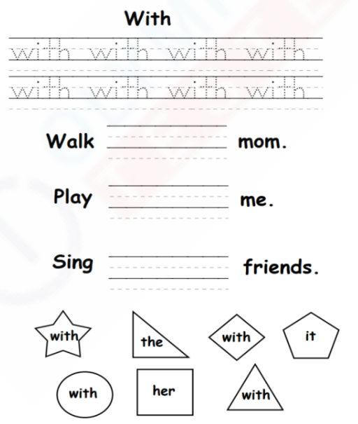 Worksheet with sight word 'with': Tracing, writing and coloring activities for kindergarten students. Picture of colorful shapes with the word 'with'.