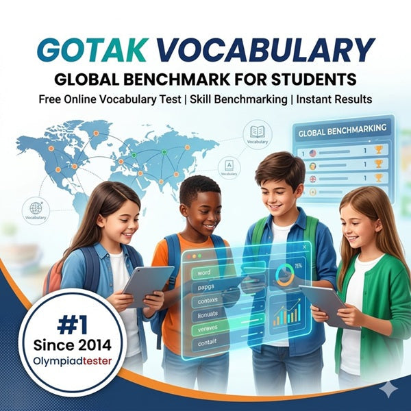 GOTAK Vocabulary assessment for students featuring global benchmarking, instant results, and the Olympiadtester trust badge.