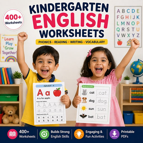 Kindergarten English worksheets for LKG and UKG kids – printable phonics, alphabet, reading and writing PDF worksheets for preschool learning.