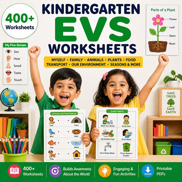 Kindergarten EVS worksheets for LKG and UKG kids – printable environmental studies worksheets covering animals, plants, food, transport and surroundings.