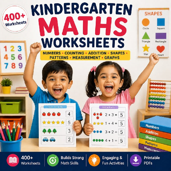 Kindergarten Maths worksheets for LKG and UKG kids – printable number, counting, addition, subtraction and shapes worksheets for preschool learning.