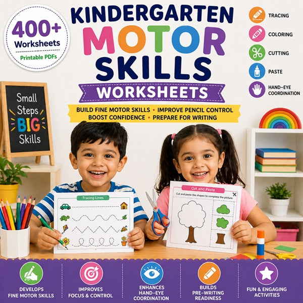 Kindergarten motor skills worksheets for LKG and UKG kids – printable tracing, coloring, cutting and fine motor skill worksheets for preschool learning.