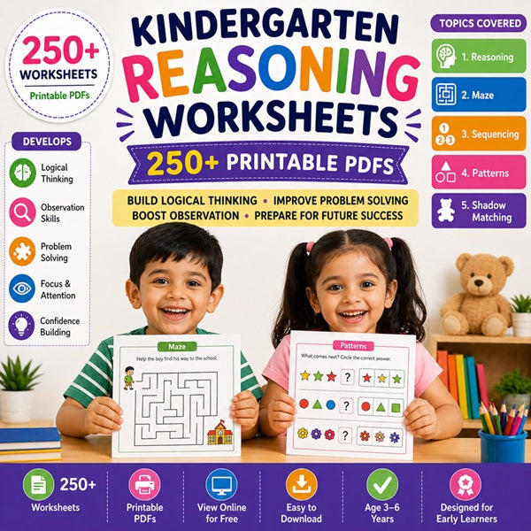 Kindergarten reasoning worksheets for LKG and UKG kids – printable maze, patterns, sequencing and shadow matching worksheets for preschool learning.
