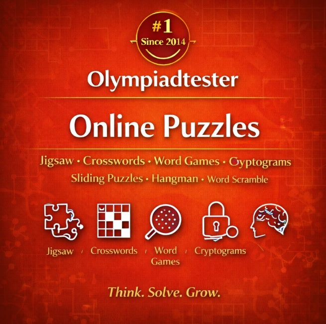 Online Puzzles graphic by Olympiadtester featuring jigsaw, crosswords, word games and cryptograms on a red-orange background.