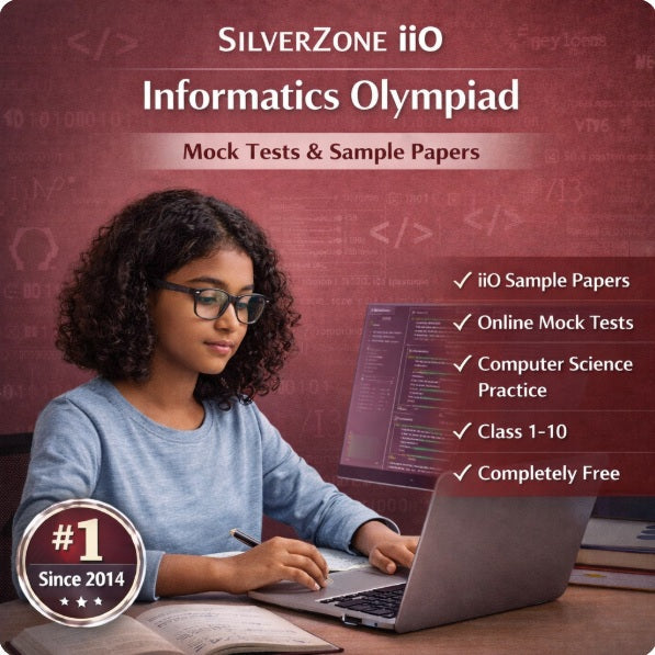 SilverZone International Informatics Olympiad (iiO) preparation for Class 1-10 featuring free mock tests, sample papers and computer science practice with an Indian student using a laptop.