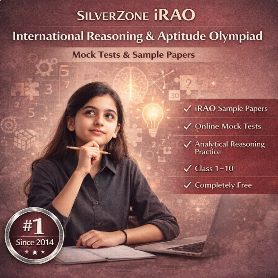SilverZone International Reasoning and Aptitude Olympiad (iRAO) preparation for Class 1-10 featuring free mock tests, sample papers and analytical reasoning practice with an Indian student.