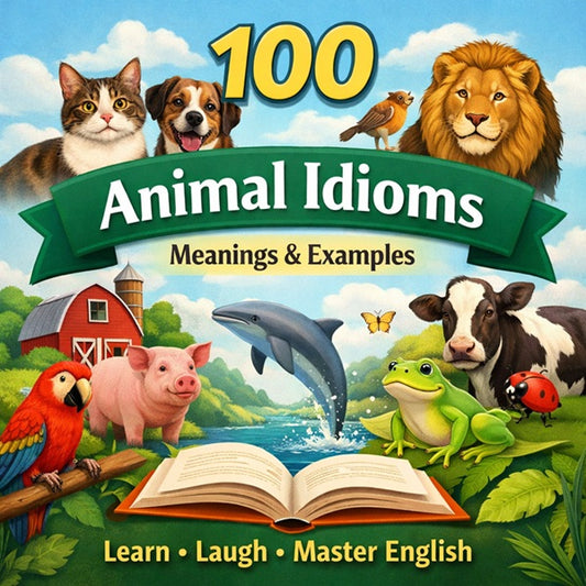 100 animal idioms with meanings and examples illustrated with dog, cat, lion, bird and farm animals for English learning.