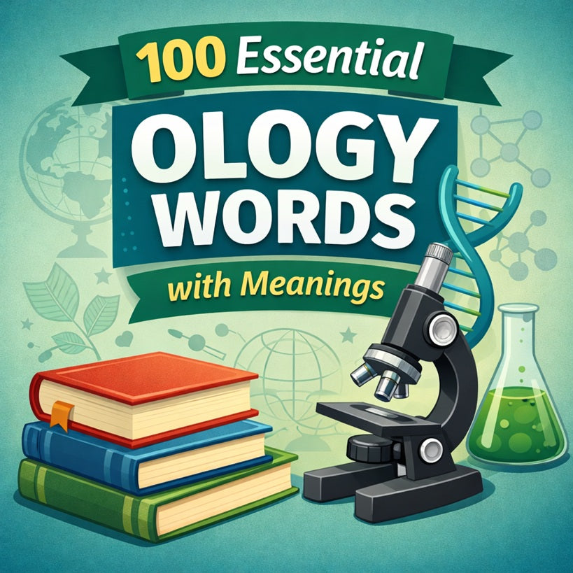 100 essential ology words with meanings for vocabulary building and exams including common fields of study.