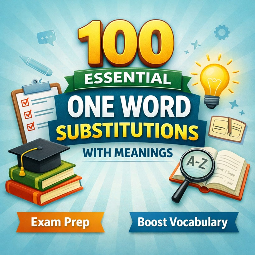 100 essential one word substitutions with meanings for exams and vocabulary building showing examples of phrase to single word replacements.