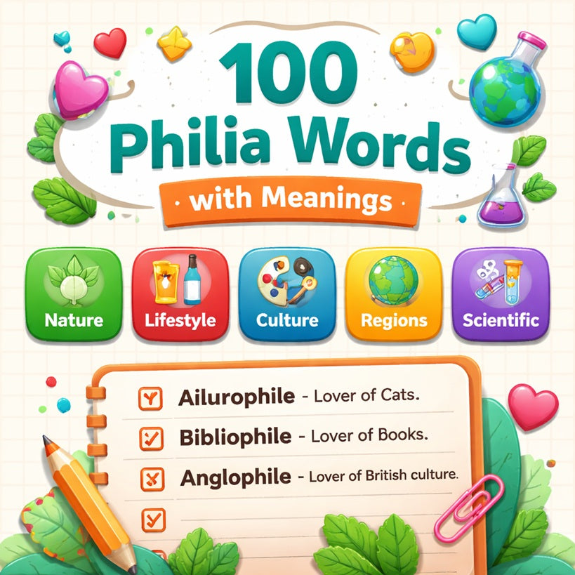100 essential philia words with meanings list showing attraction and love related vocabulary for exams and vocabulary building.