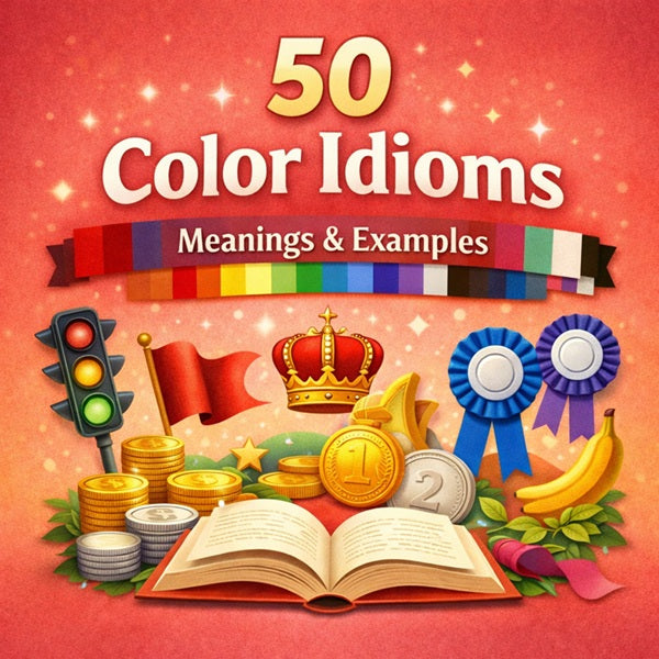 50 color idioms with meanings and examples illustrated with red background and colorful symbols for English vocabulary learning.