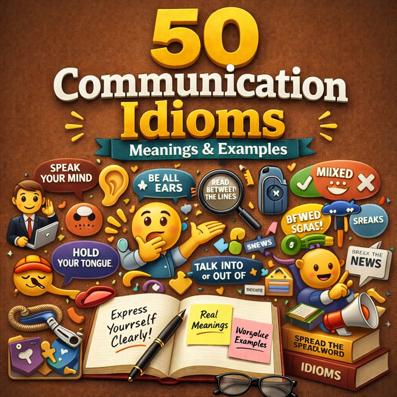 50 communication idioms with meanings and examples illustrated with speech bubbles and conversation icons on brown background for English learning.