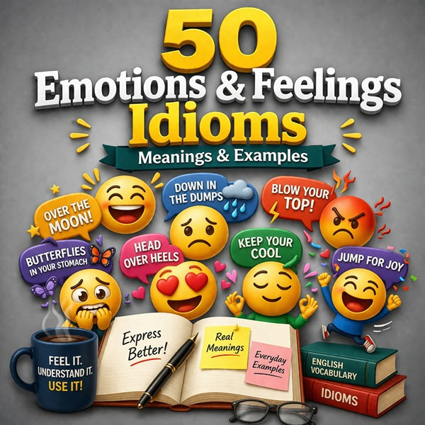 50 emotions and feelings idioms with meanings and examples illustrated with expressive emojis on grey background for English vocabulary learning.