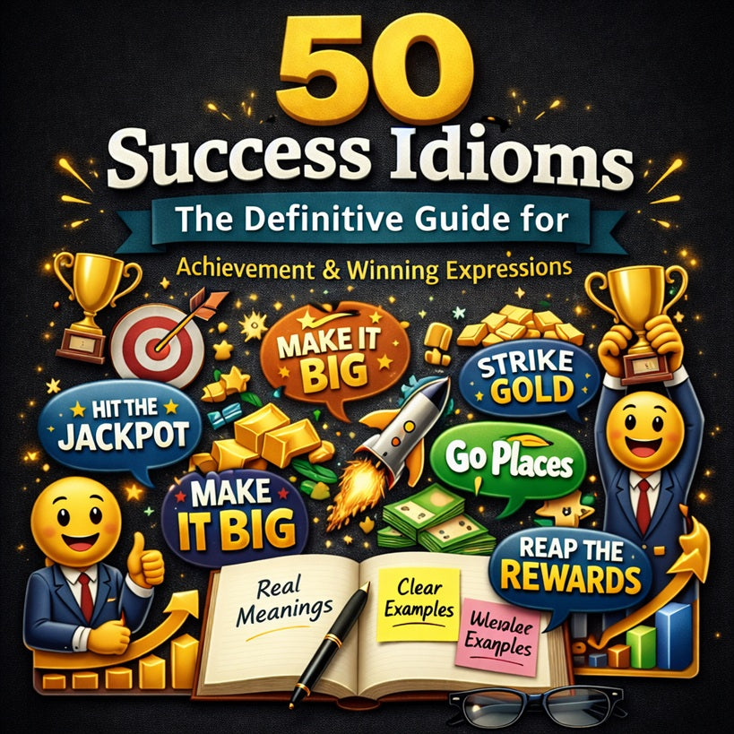 50 success idioms with meanings and examples illustrated with trophy, target and achievement icons on dark black background for English vocabulary learning.