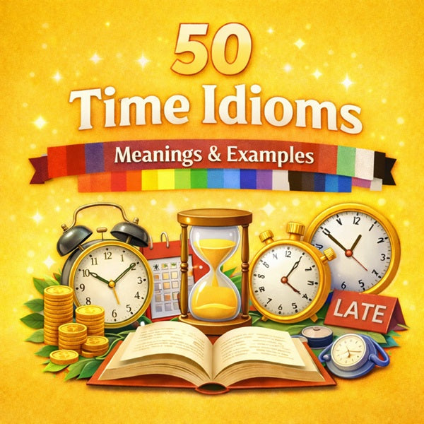 50 time idioms with meanings and examples illustrated with clocks and hourglass on yellow background for English vocabulary learning.