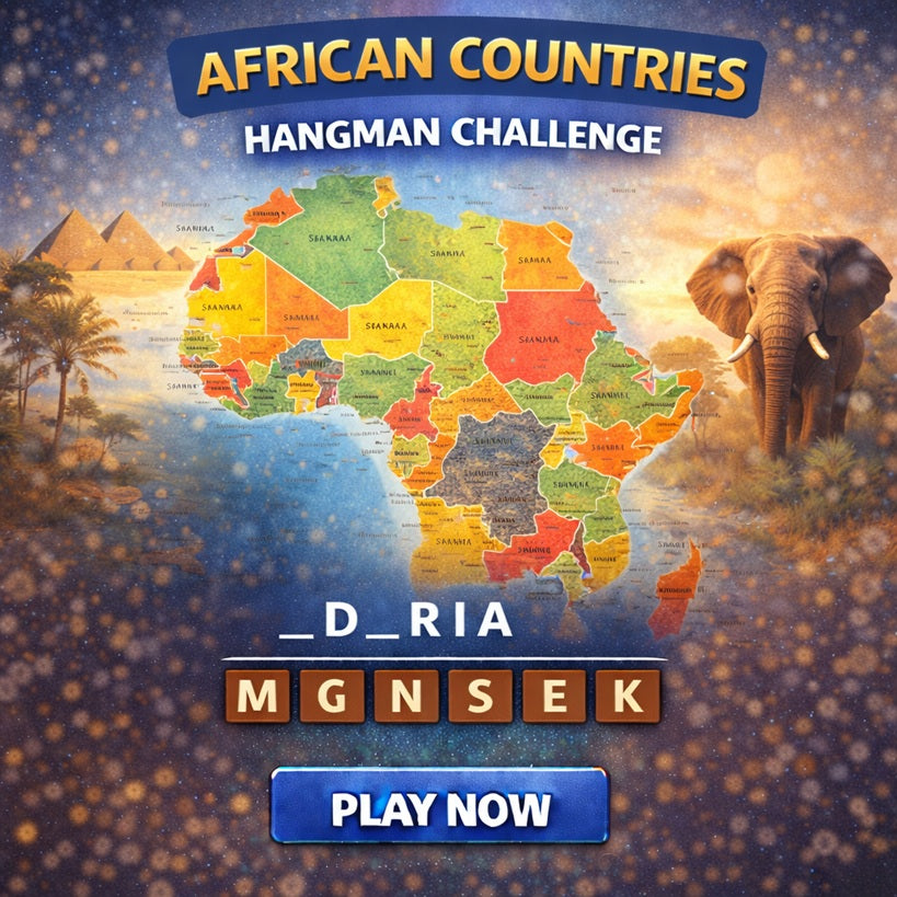 African countries hangman challenge featuring map-based geography and continent learning.