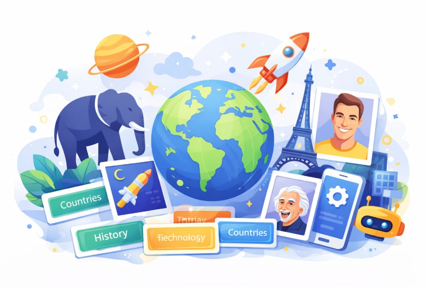 Colorful globe with animals, space, history, technology and landmark icons representing amazing facts and knowledge hub for Olympiad preparation on Olympiadtester.