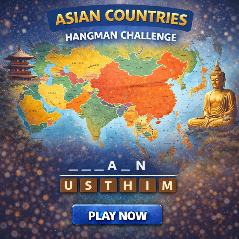 Asian countries hangman challenge featuring map-based geography and country names.