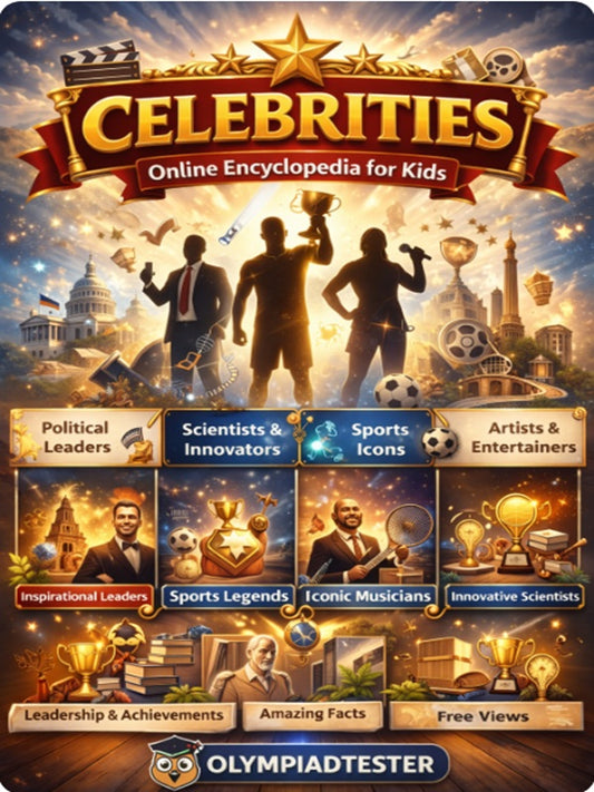 Celebrities online encyclopedia cover featuring influential figures from science, politics, sports, arts, and innovation.