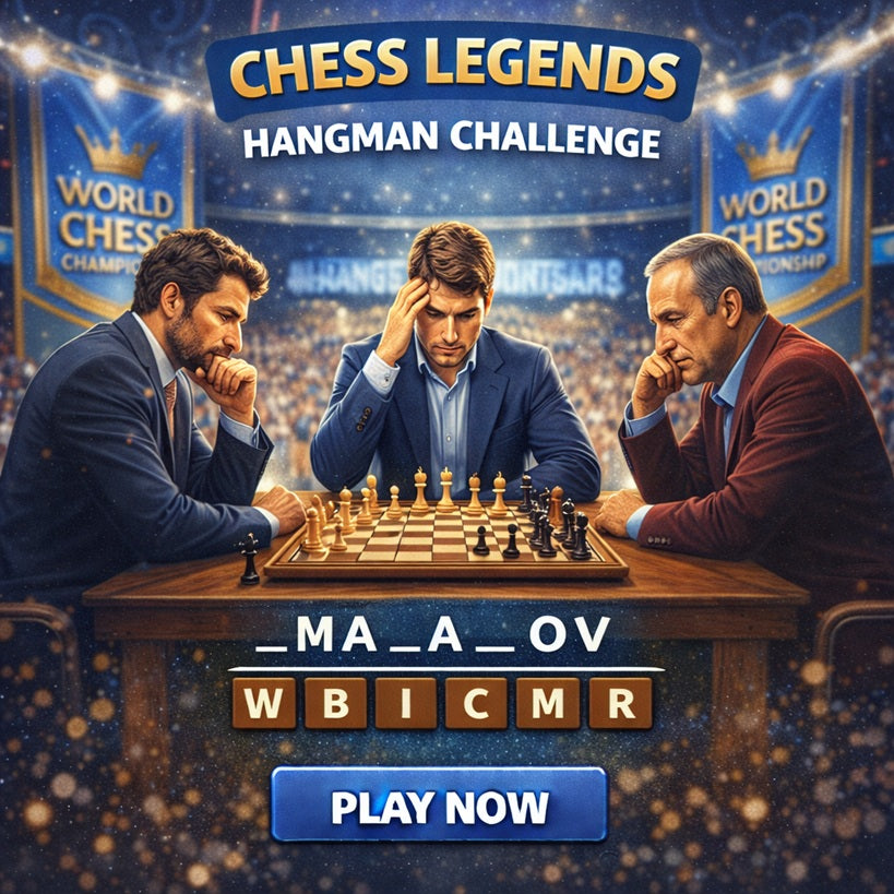 Chess legends hangman challenge featuring grandmasters and strategic gameplay.