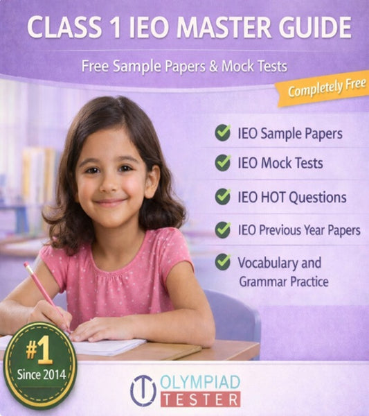 Class 1 IEO Master Guide cover with free mock tests, sample papers and HOT questions on a light purple background featuring a young student writing at a desk – Olympiadtester.