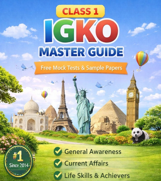 Class 1 IGKO Master Guide – Free Mock Tests and Sample Papers featuring world landmarks theme on a colorful background | Olympiadtester.