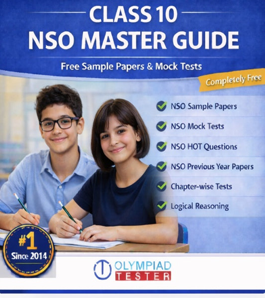 Class 10 NSO Master Guide by Olympiadtester featuring free mock tests, sample papers, HOT questions and logical reasoning practice.