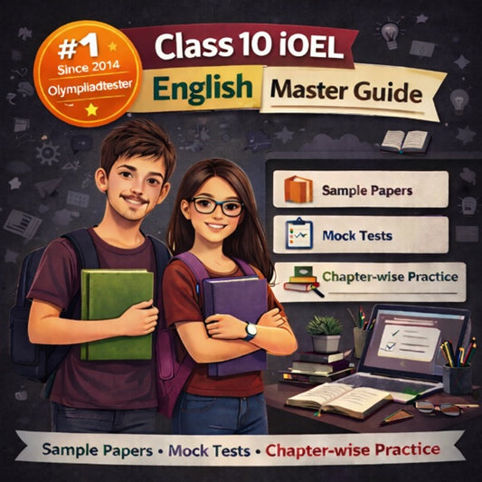 Class 10 SilverZone iOEL English Master Guide with sample papers, mock tests and chapter-wise practice featuring senior secondary students on a charcoal background by Olympiadtester.