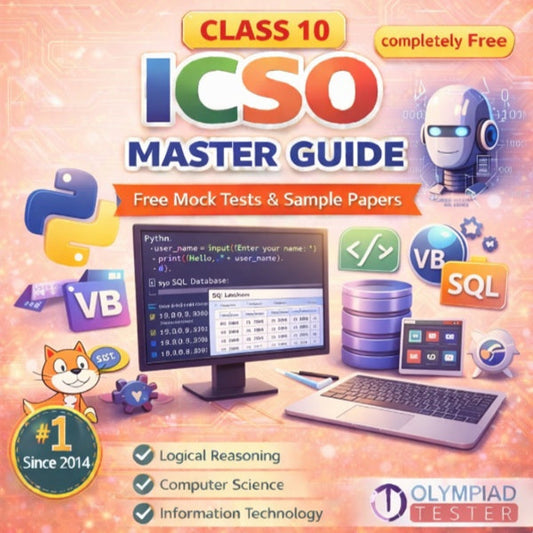 Class 10 ICSO Master Guide – Free Mock Tests and Sample Papers featuring advanced computer science theme with Python coding, database management, networking and operating systems on a light red background | Olympiadtester.
