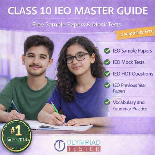Class 10 IEO Master Guide – Free Mock Tests and Sample Papers on a light purple background featuring an older boy and girl studying together, girl with open curly hair and different color tops | Olympiadtester.