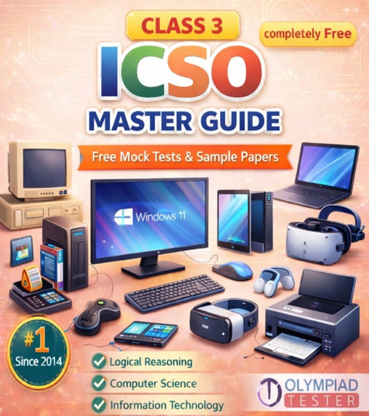 Class 3 ICSO Master Guide – Free Mock Tests and Sample Papers featuring input and output devices from vintage computers to modern VR headsets on a light red background | Olympiadtester.