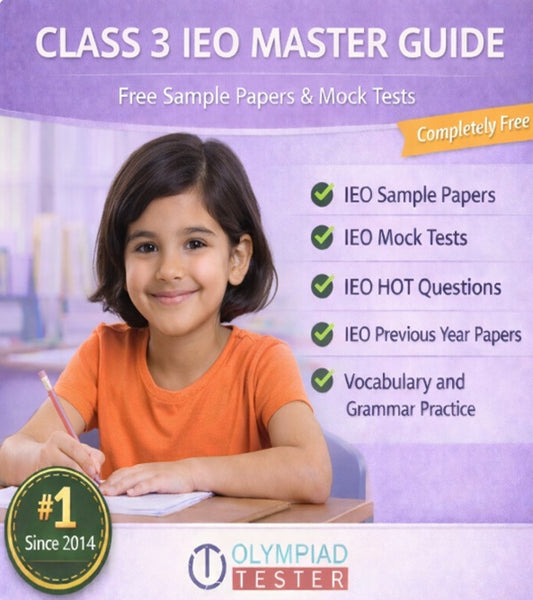 Class 3 IEO Master Guide – Free Mock Tests and Sample Papers on a light purple background featuring a slightly older girl with short hair writing at a desk | Olympiadtester.
