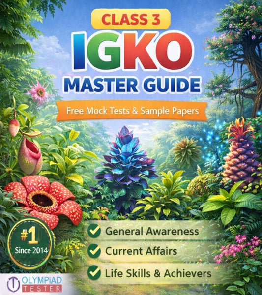 Class 3 IGKO Master Guide – Free Mock Tests and Sample Papers featuring rare and exotic flowers, plants and trees theme on a vibrant green background | Olympiadtester.