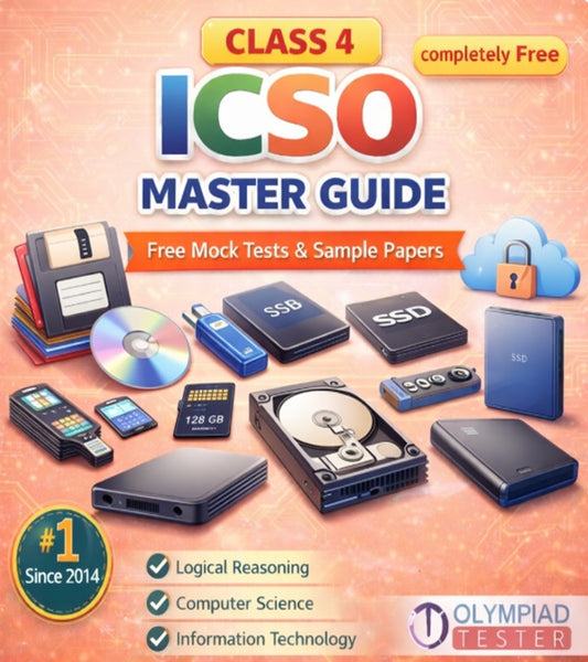 Class 4 ICSO Master Guide – Free Mock Tests and Sample Papers featuring memory and storage devices theme with hard disk, SSD, pen drive, CD, DVD and cloud storage on a light red background | Olympiadtester.