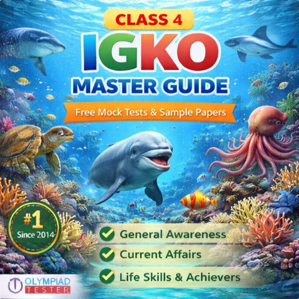 Class 4 IGKO Master Guide – Free Mock Tests and Sample Papers featuring sea animals theme with dolphin, turtle and octopus underwater | Olympiadtester.