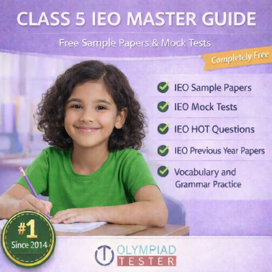 Class 5 IEO Master Guide – Free Mock Tests and Sample Papers on a light purple background featuring an older girl with curly hair in a green top writing at a desk | Olympiadtester.